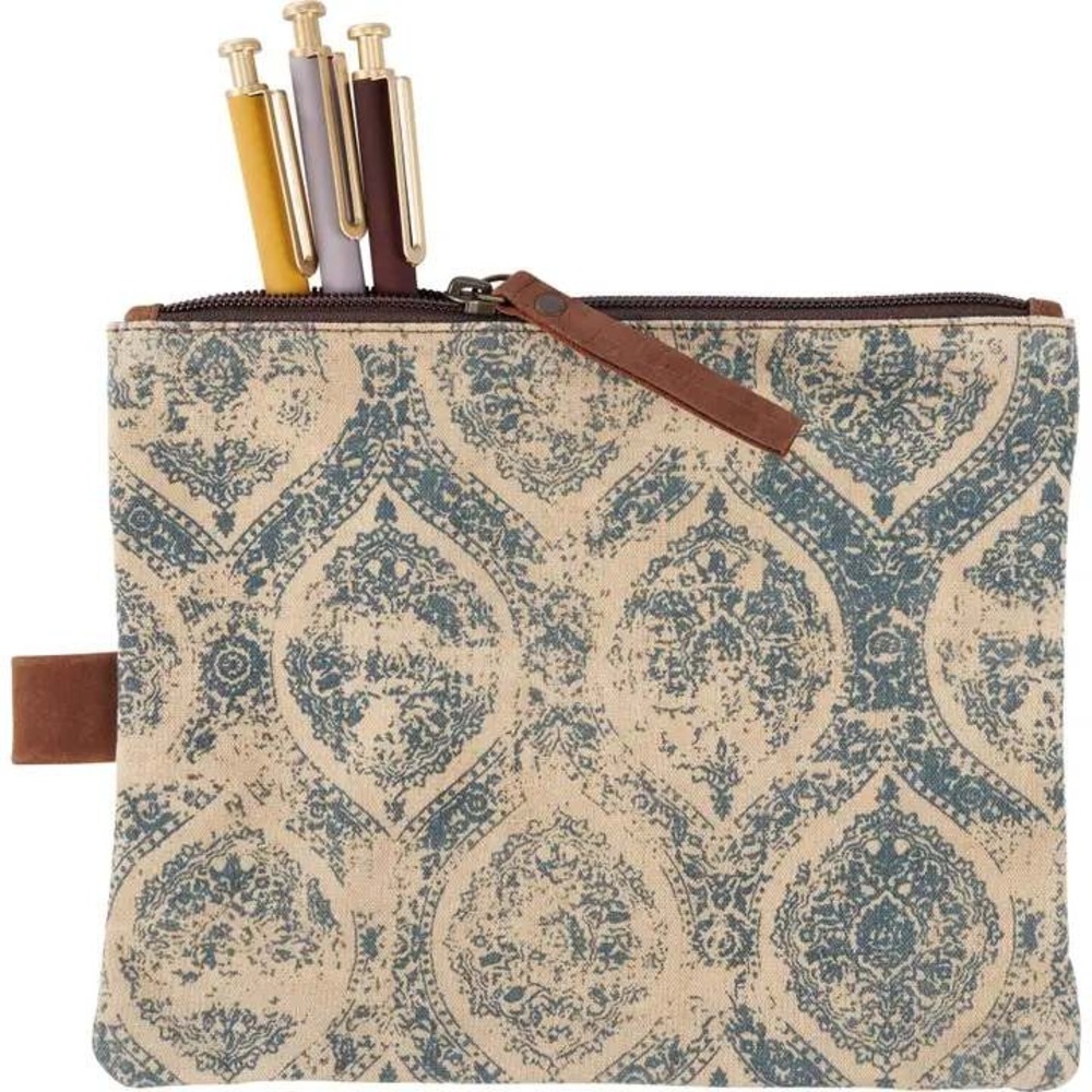 Indigo Zipper Pouch Small Blue Cream Damask Canvas Leather Pull Boho Travel Case